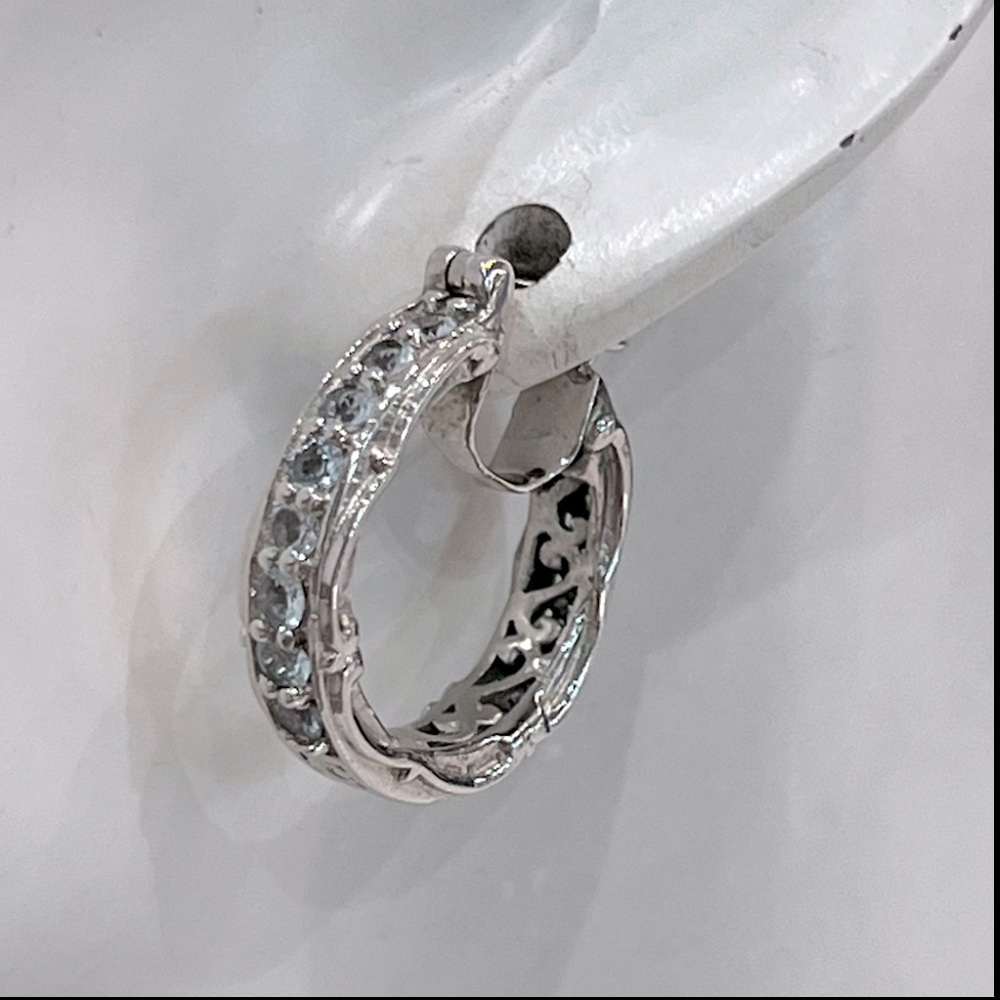 Sky Blue Topaz Silver Scroll Detailed Hoop Earrings - Picture 8 of 14